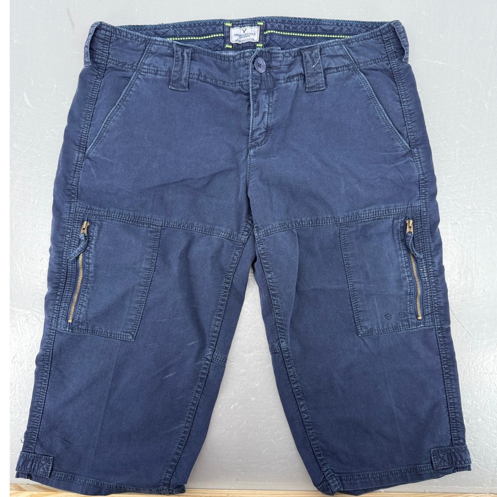 American Eagle Navy Blue Cargo Capri Pants Womens 8 Embroidered Logo Utility Leg